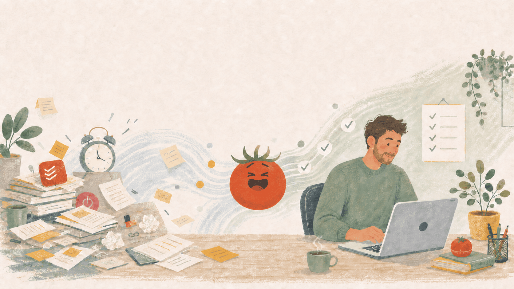 A freelancer moving from scattered task apps and deadline pressure toward calm Pomodoro focus with Pomiq.