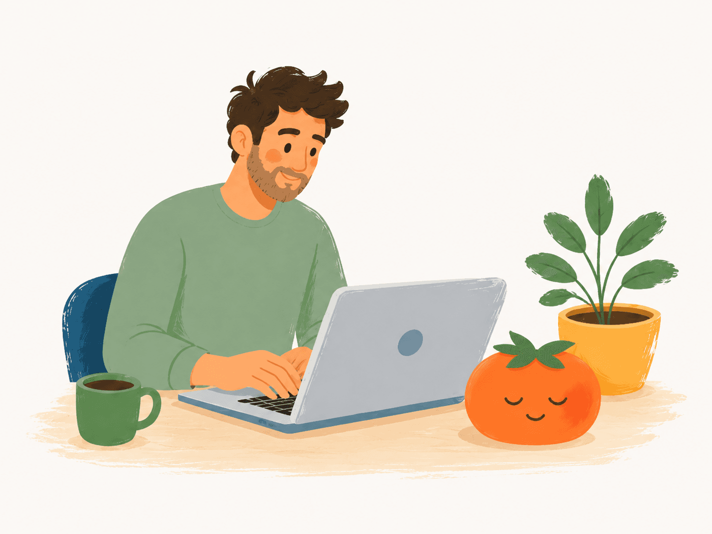 A person working at a laptop with the calm Pomiq mascot beside them
