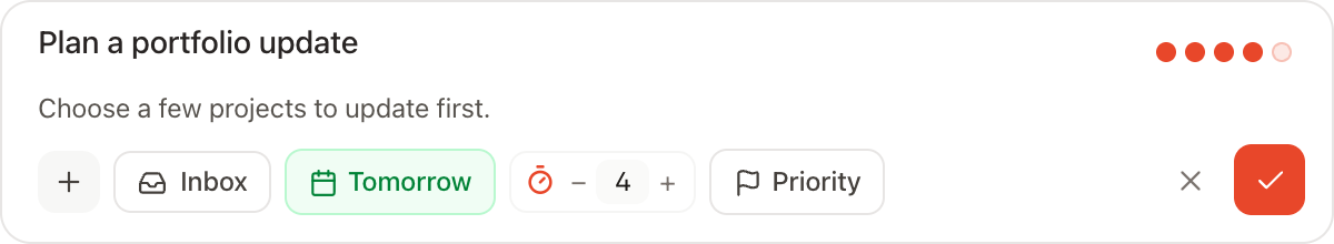 Pomiq task composer with a portfolio update, a short description, Tomorrow selected and a focus estimate