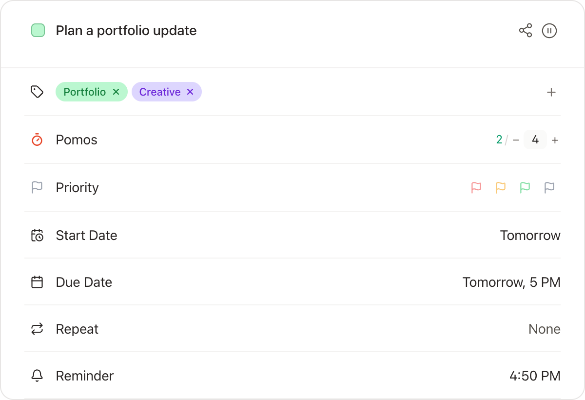 Portfolio task details with Portfolio and Creative tags, recorded focus progress, Start Date, Due Date and a reminder before the due time