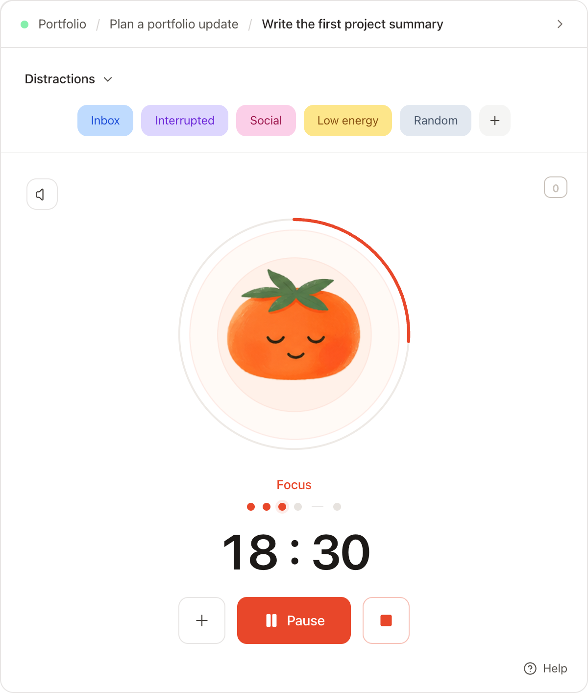 Pomiq focus timer with Write the first project summary selected, a session in progress, pause controls and distraction categories