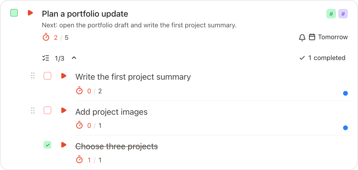 Portfolio update with Portfolio and Creative tags and one of three subtasks completed: Choose three projects