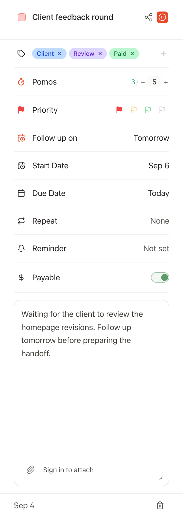 Task Details excerpt with Client feedback round on hold and Follow up on set to Tomorrow