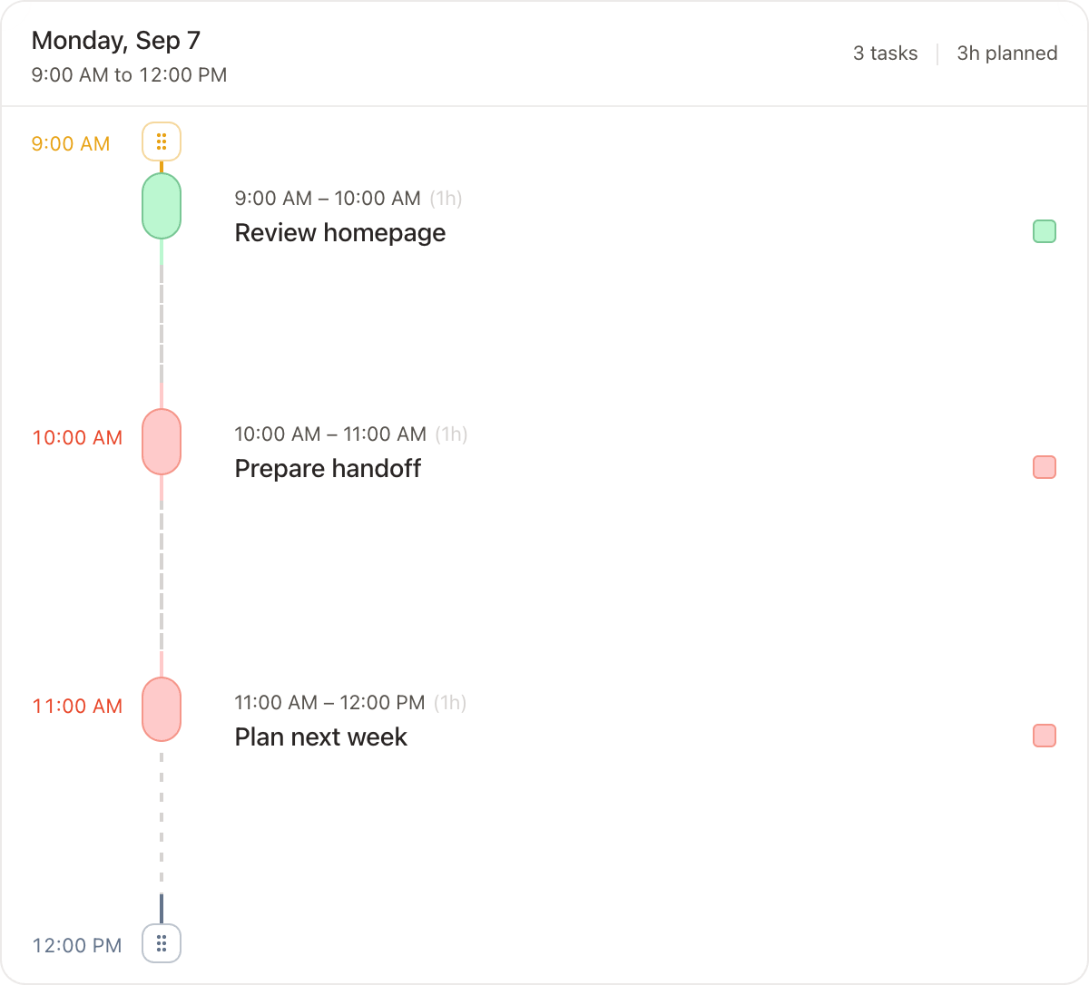 Pomiq Schedule displaying tasks in the available hours of a working day