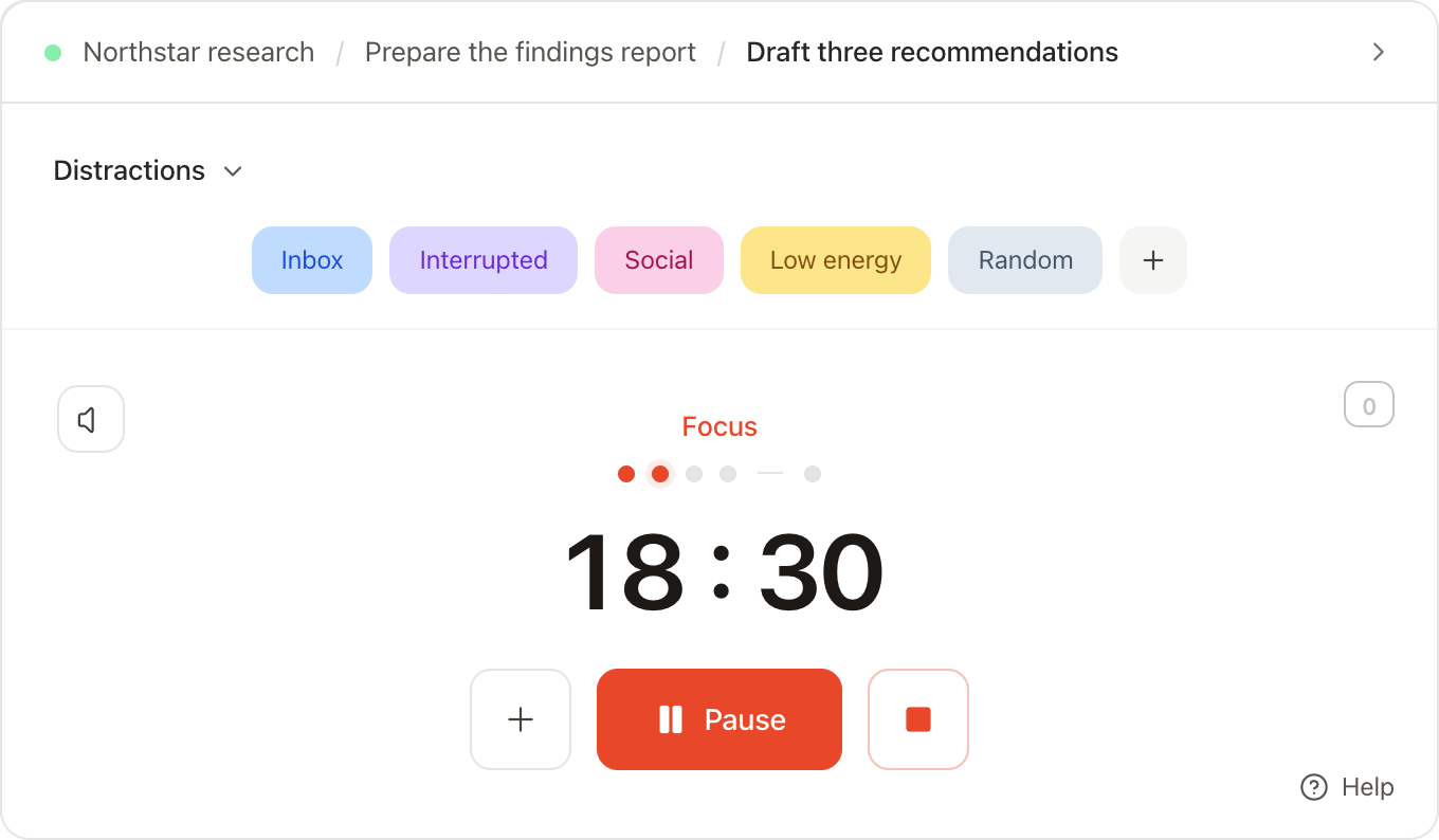 Pomiq focus timer running on Draft three recommendations, with 18 minutes 30 seconds remaining.