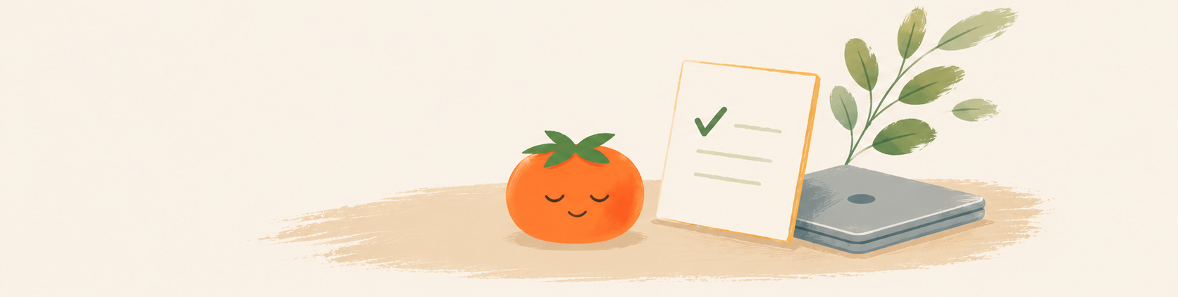 A cheerful tomato mascot beside a completed task and a closed laptop at the end of a productive day.