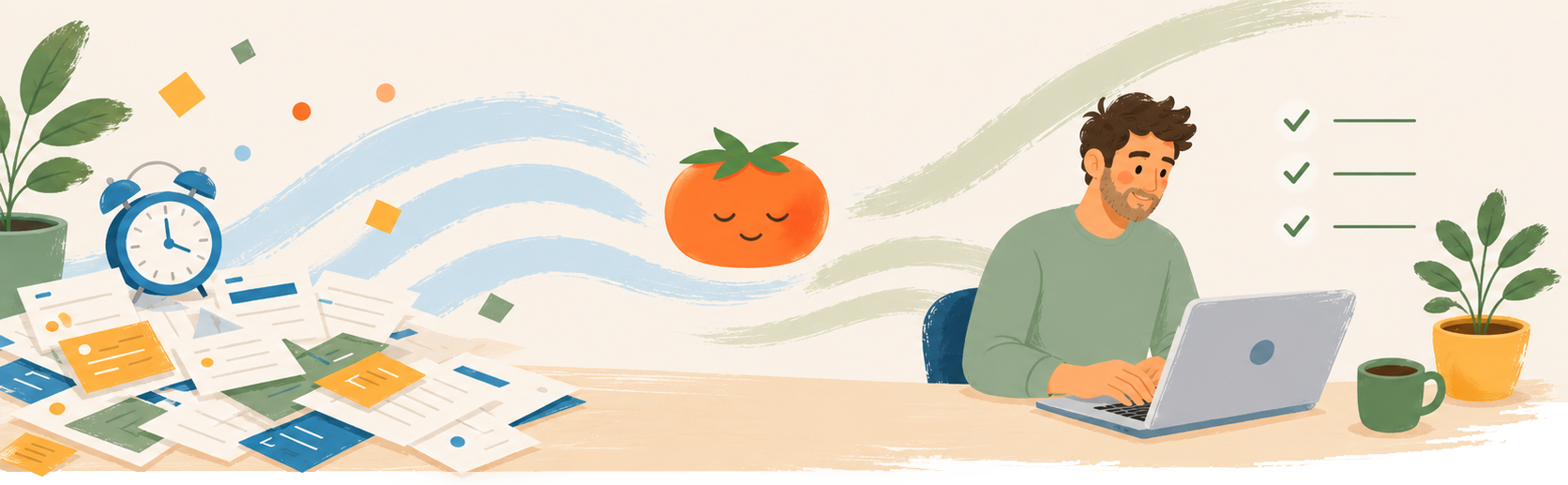 A freelancer moving from task overload toward a calm focused workflow with the Pomiq mascot.