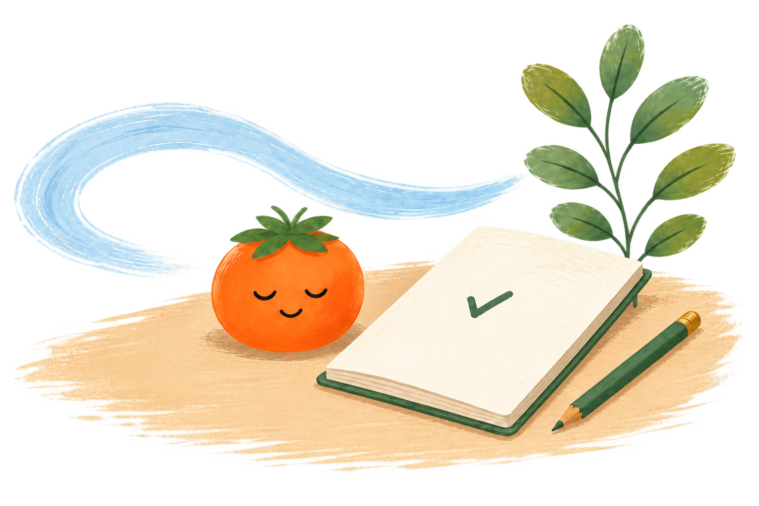 A painted notebook with one checkmark beside the calm Pomiq mascot