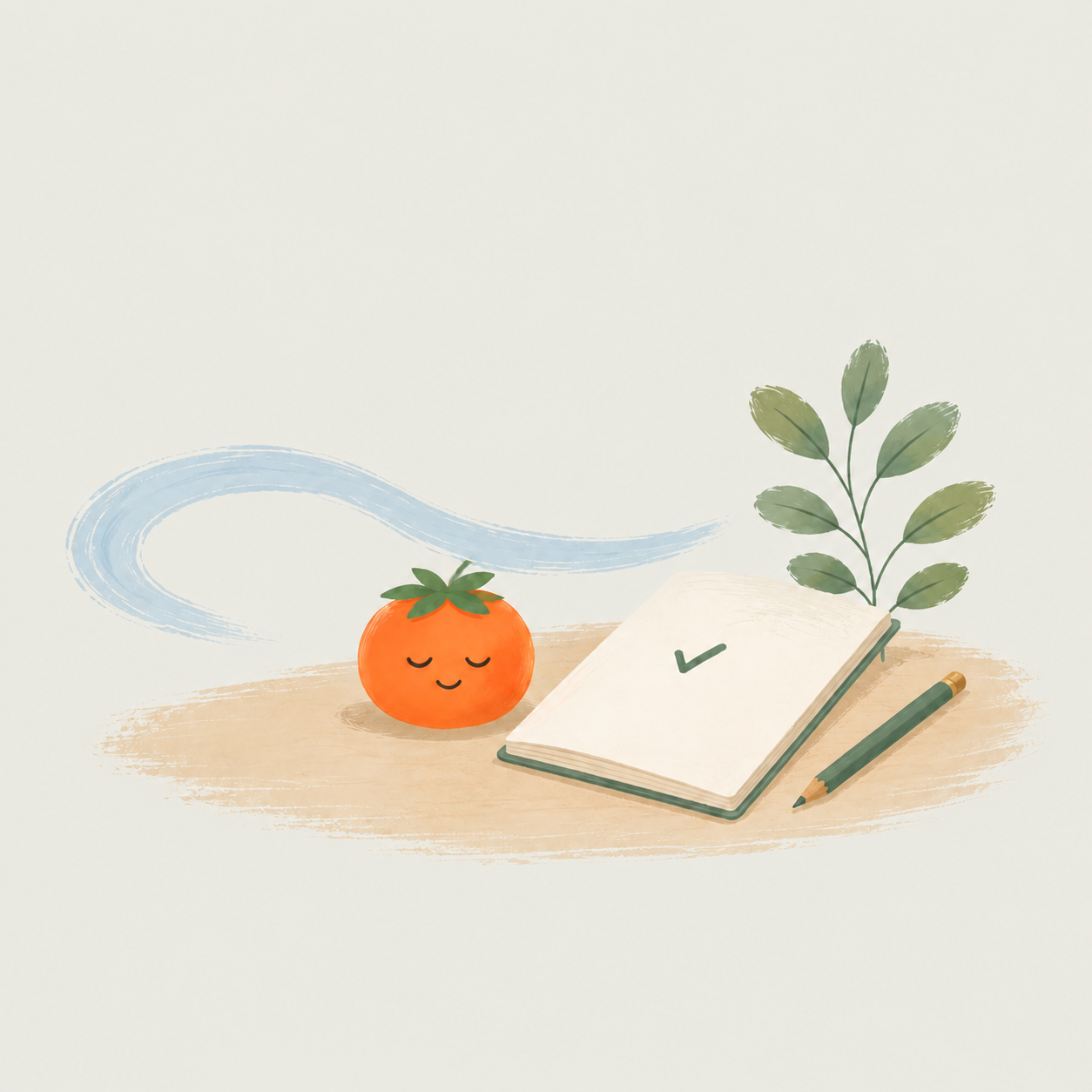A painted notebook with one checkmark and the calm Pomiq mascot