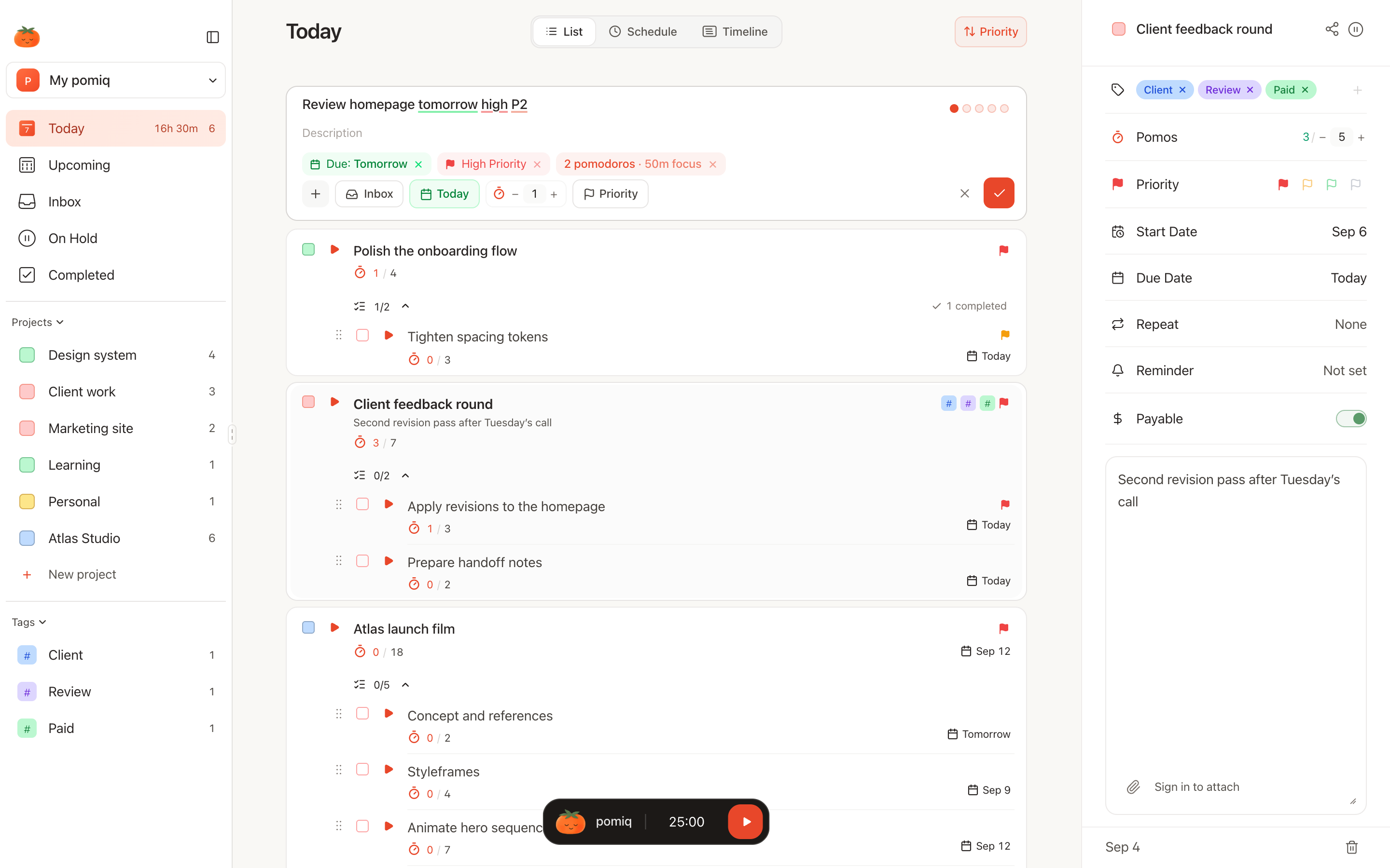 Pomiq Today view with a new task recognizing Tomorrow, High priority and two focus sessions above the task list, alongside projects and task details